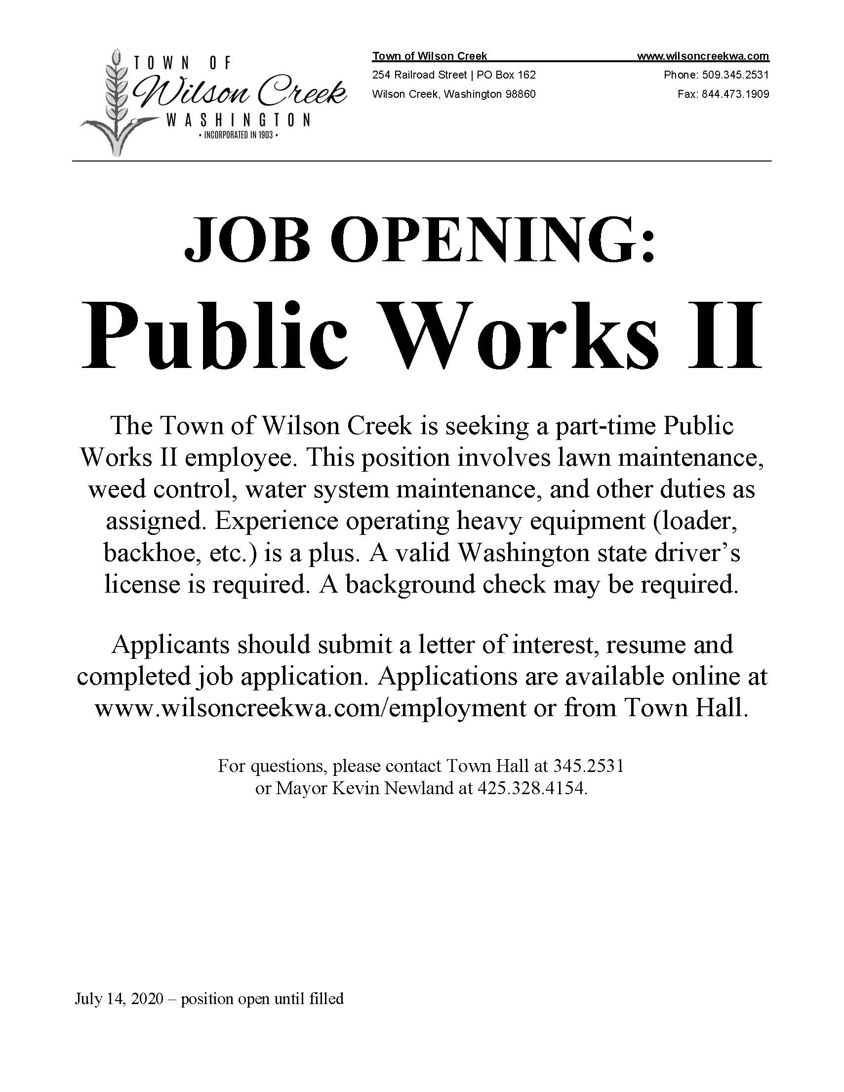 Employment Town of Wilson Creek, Washington